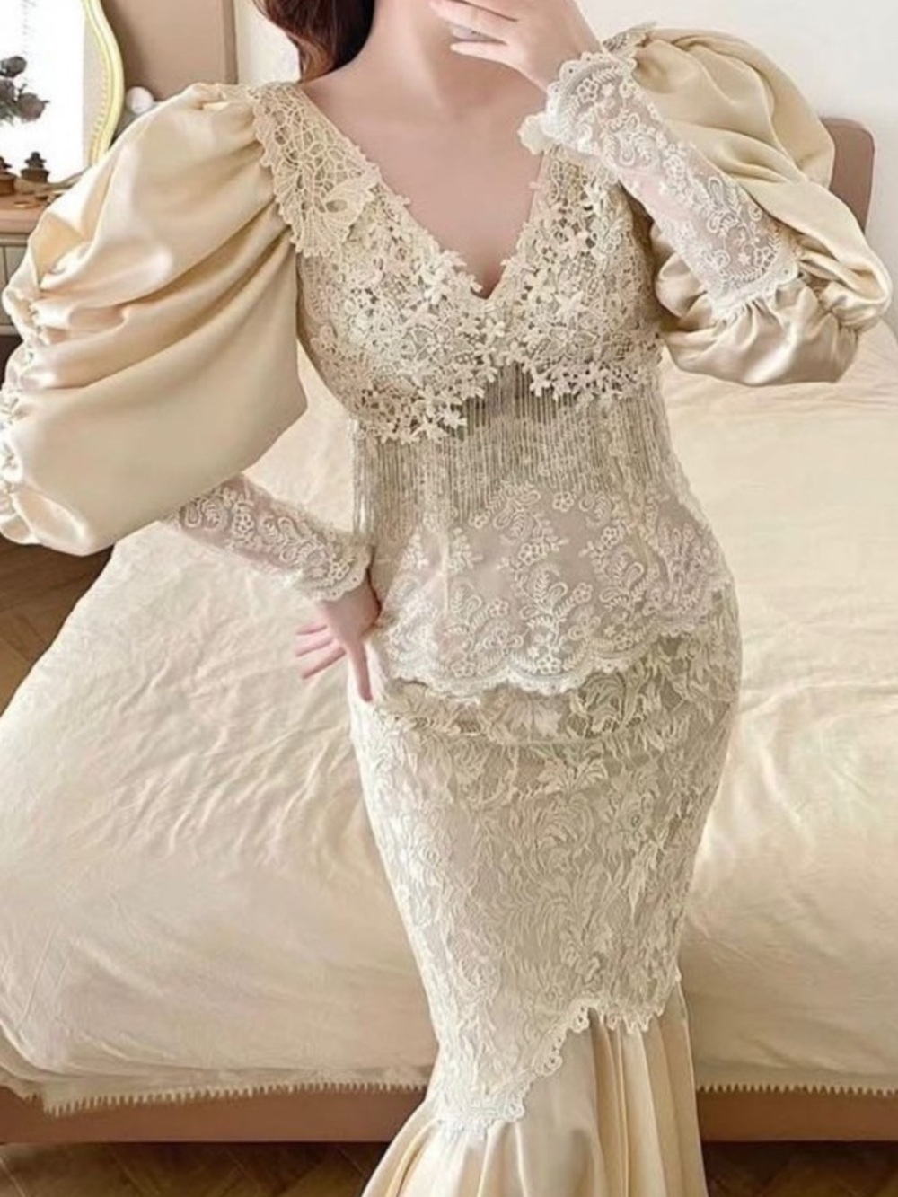 Vintage Cachet by Bari Protas ivory Lace Mermaid Gown with Puff Sleeves